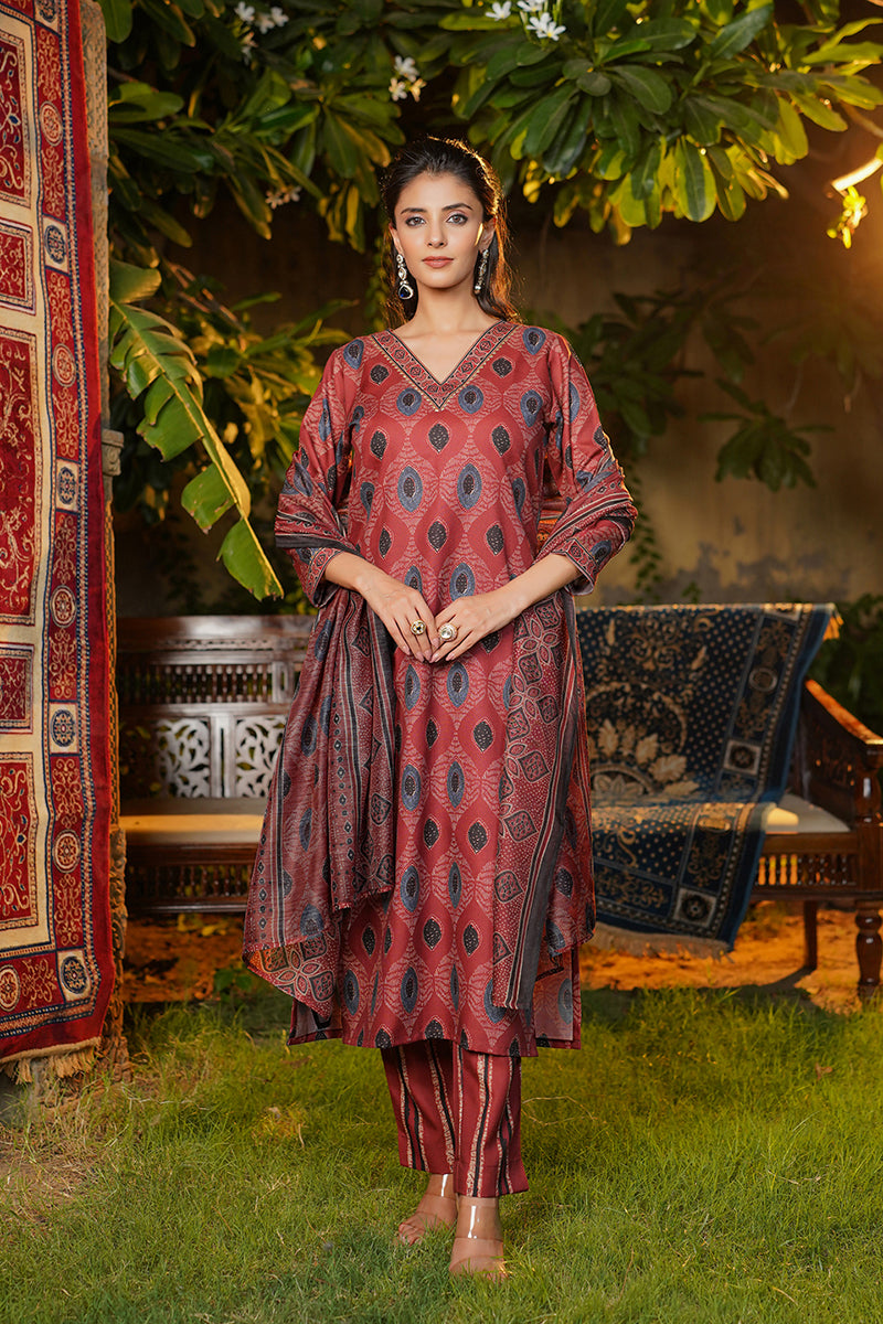 Maroon Rayon Blend Ethnic Motifs Printed Straight Kurta Trousers With Dupatta |SHOBITAM