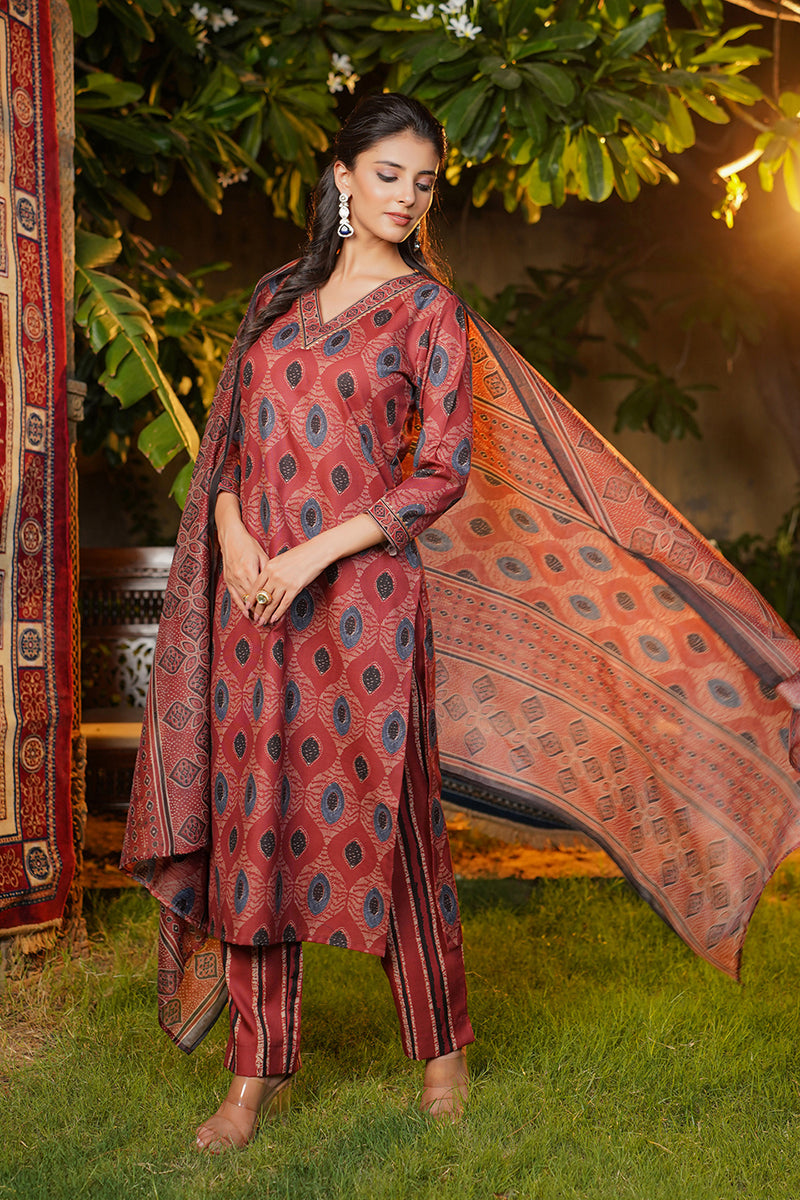 Maroon Rayon Blend Ethnic Motifs Printed Straight Kurta Trousers With Dupatta |SHOBITAM