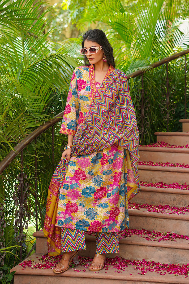 Yellow Rayon Blend Floral Printed Straight Kurta Palazzos With Dupatta | SHOBITAM