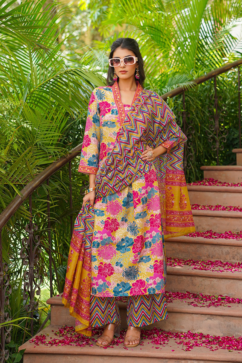 Yellow Rayon Blend Floral Printed Straight Kurta Palazzos With Dupatta | SHOBITAM