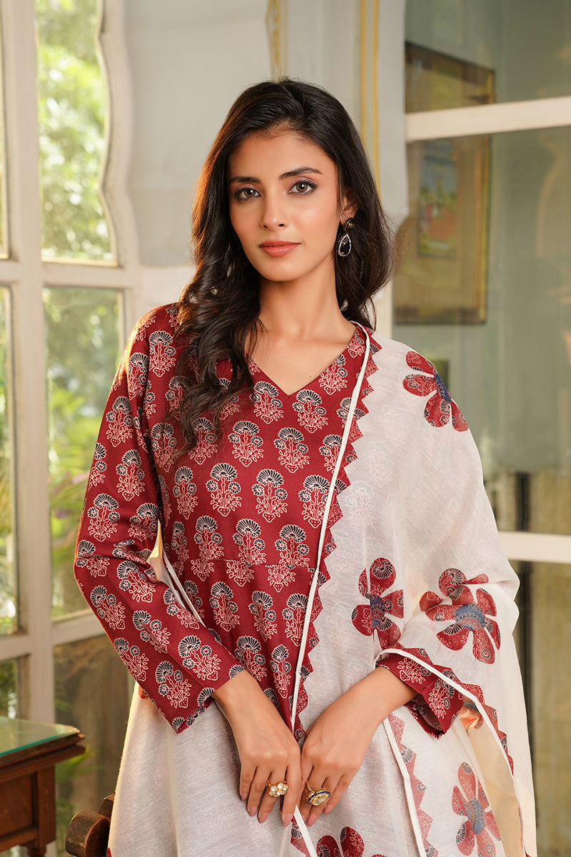 Maroon Rayon Blend Floral Printed A-Line Kurta Palazzos With Dupatta | SHOBITAM