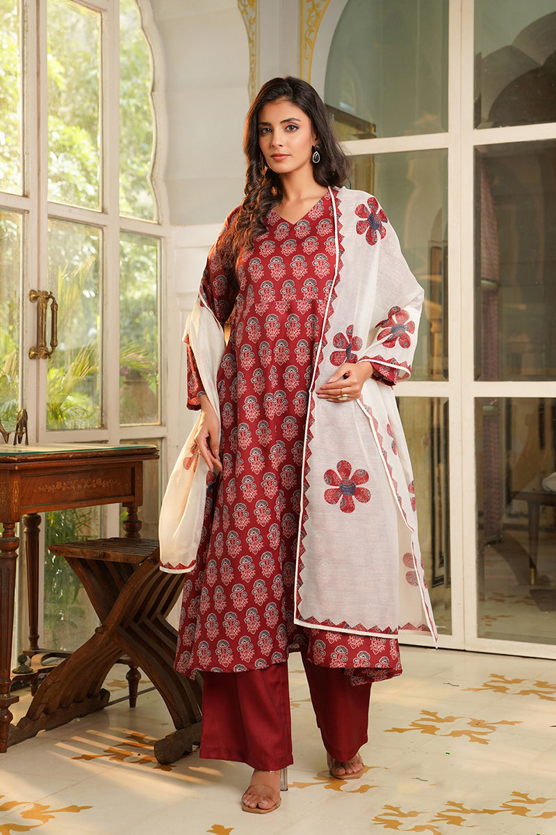 Maroon Rayon Blend Floral Printed A-Line Kurta Palazzos With Dupatta | SHOBITAM