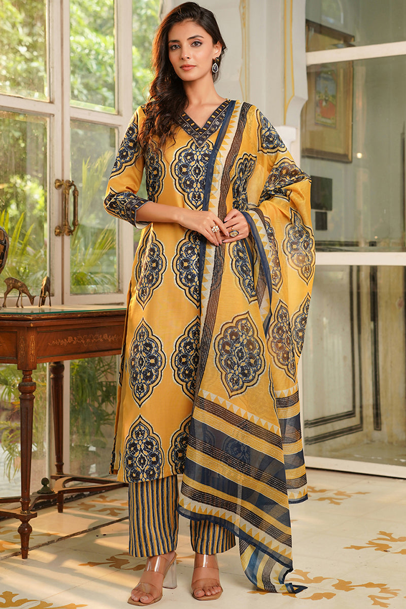 Yellow Rayon Blend Ethnic Motifs Printed Straight Kurta Trousers With Dupatta | SHOBITAM