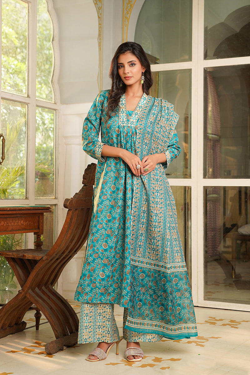 Turquoise Blue Rayon Blend Floral Printed Straight Kurta Trouser with Dupatta | SHOBITAM