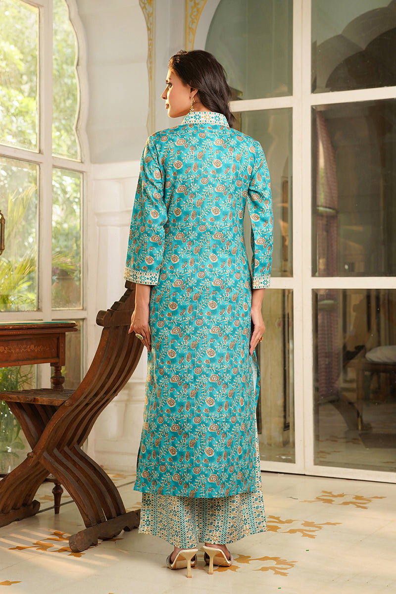 Turquoise Blue Rayon Blend Floral Printed Straight Kurta Trouser with Dupatta | SHOBITAM