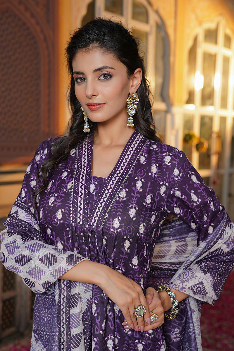 Purple Rayon Blend Batik Printed Straight Kurta Palazzos With Dupatta | SHOBITAM