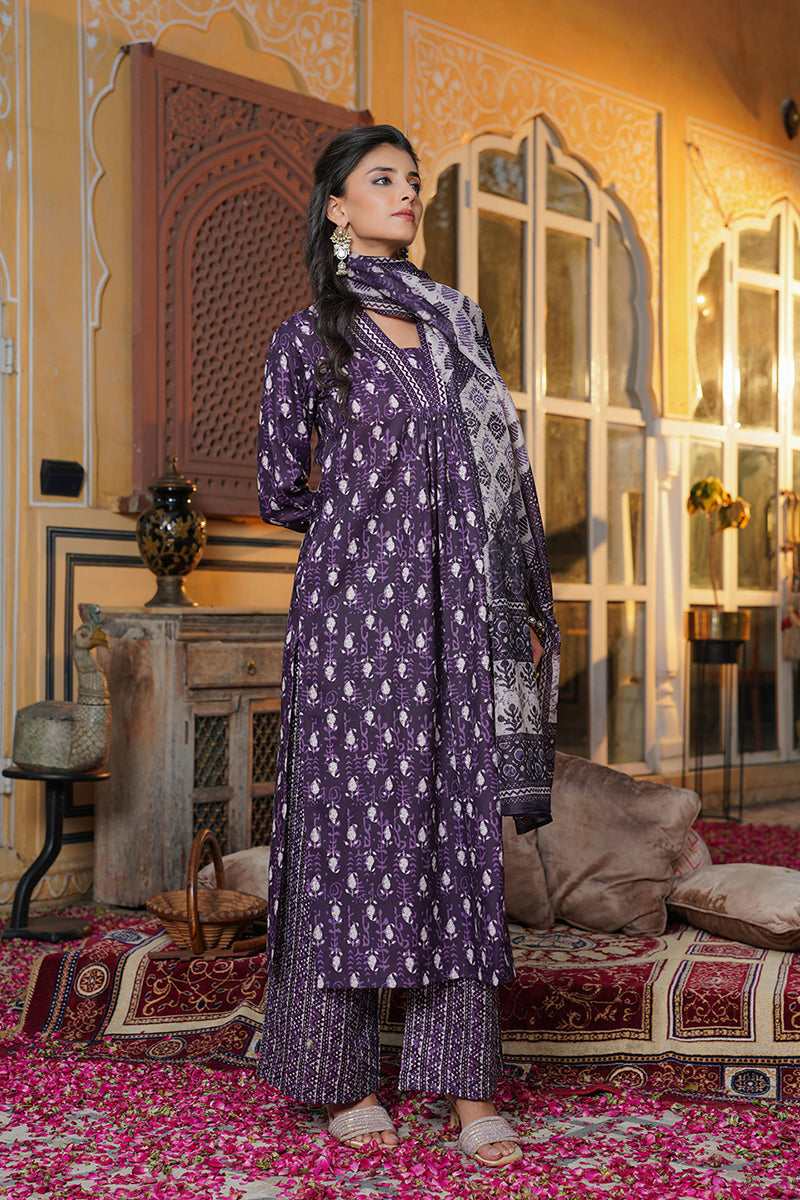 Purple Rayon Blend Batik Printed Straight Kurta Palazzos With Dupatta | SHOBITAM