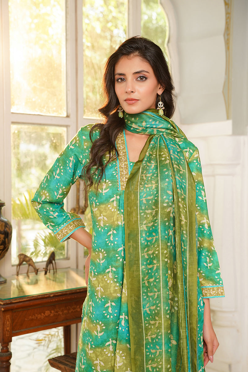 Green Rayon Blend Ethnic Motifs Printed Straight Kurta Palazzos With Dupatta | SHOBITAM