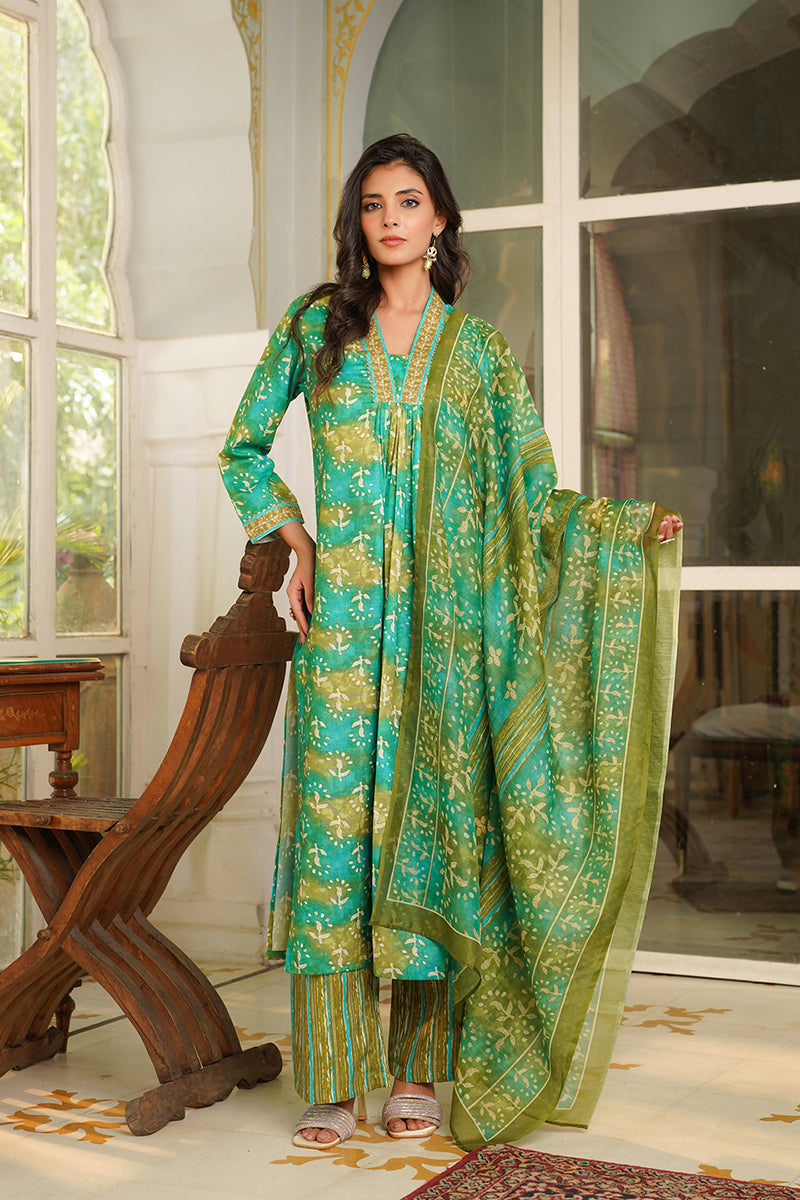 Green Rayon Blend Ethnic Motifs Printed Straight Kurta Palazzos With Dupatta | SHOBITAM