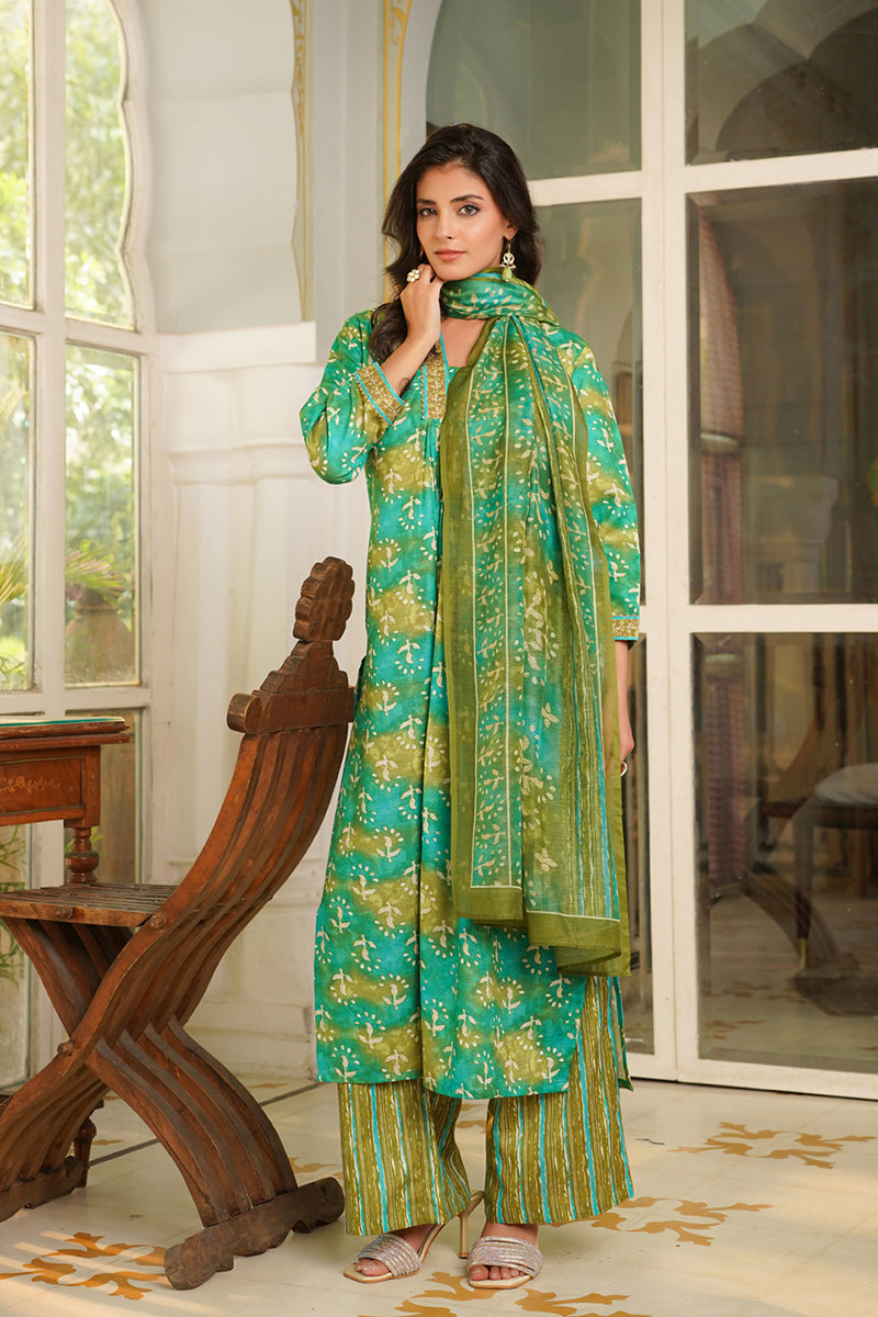 Green Rayon Blend Ethnic Motifs Printed Straight Kurta Palazzos With Dupatta | SHOBITAM
