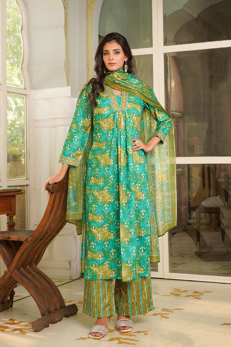 Green Rayon Blend Ethnic Motifs Printed Straight Kurta Palazzos With Dupatta | SHOBITAM