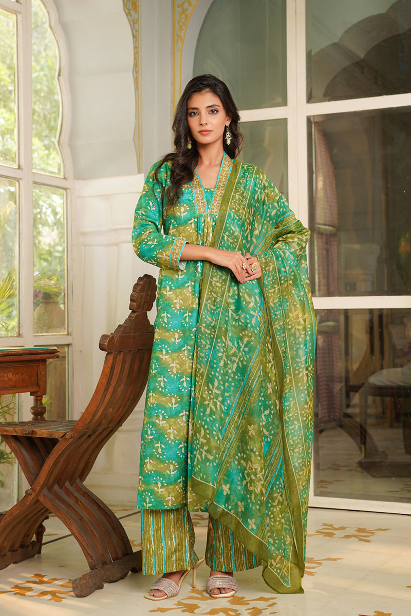 Green Rayon Blend Ethnic Motifs Printed Straight Kurta Palazzos With Dupatta | SHOBITAM