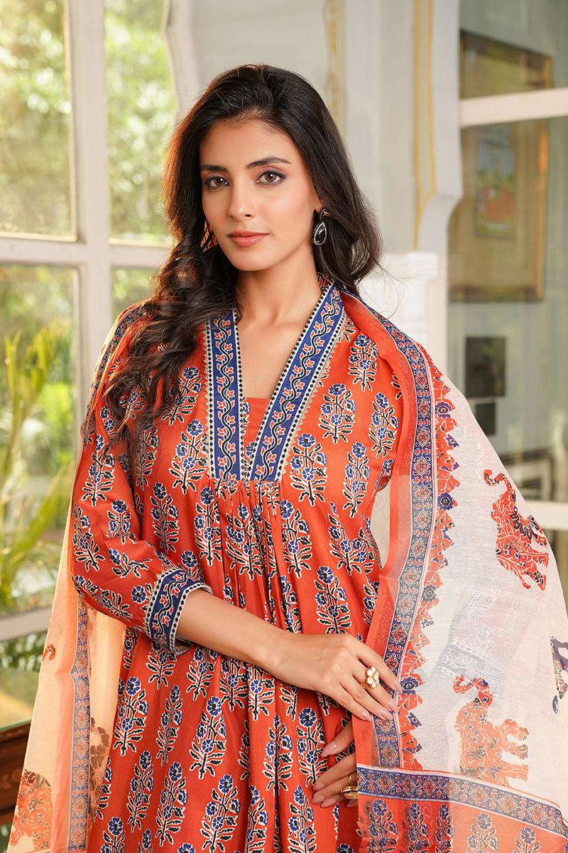 Orange Rayon Blend Floral Printed Straight Kurta Palazzos With Dupatta | SHOBITAM