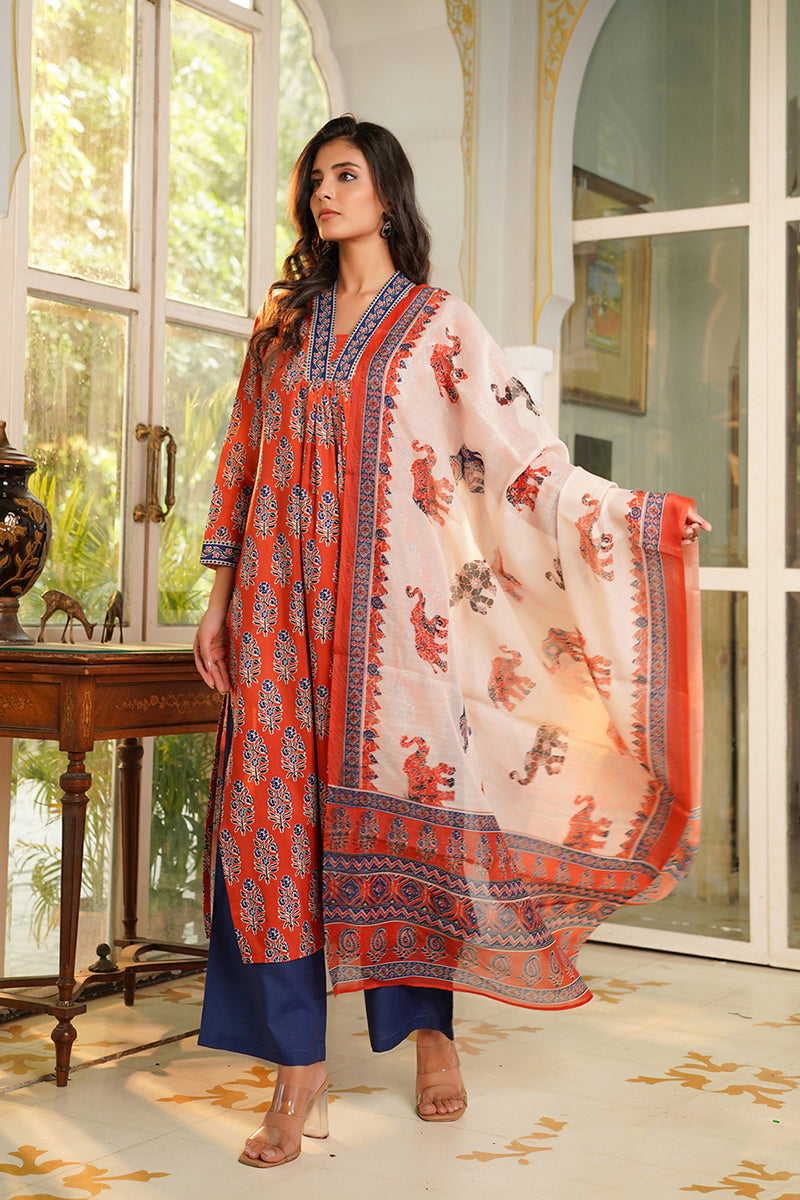 Orange Rayon Blend Floral Printed Straight Kurta Palazzos With Dupatta | SHOBITAM