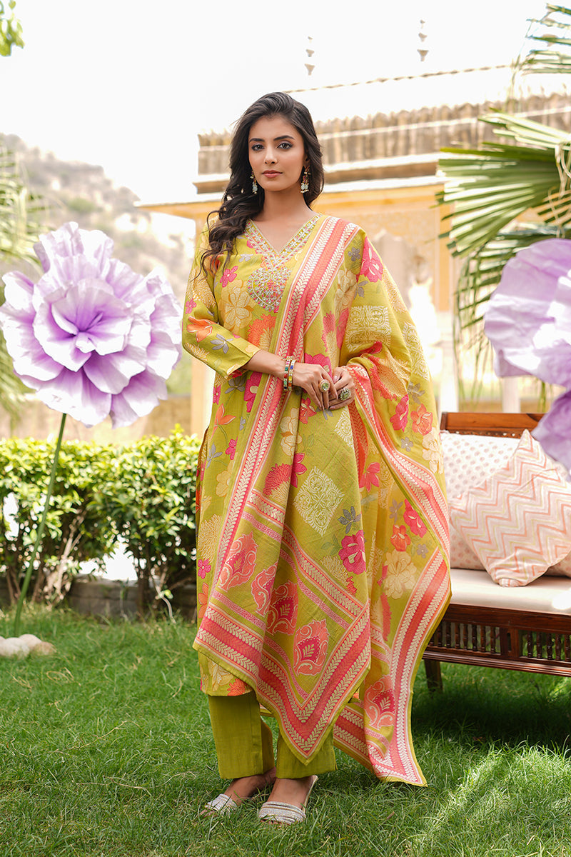 Lime Green Viscose Rayon Floral Embroidered Straight Kurta Trousers With Dupatta | SHOBITAM