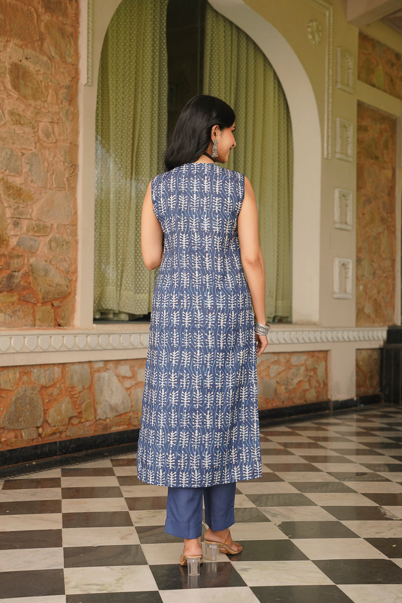 Blue Cotton Blend Printed Straight Kurta Trousers With Dupatta | SHOBITAM