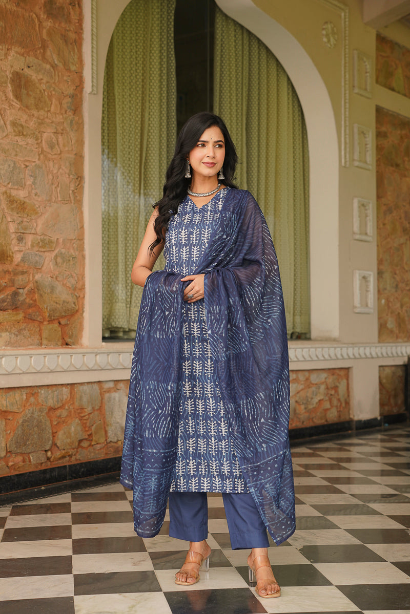 Blue Cotton Blend Printed Straight Kurta Trousers With Dupatta | SHOBITAM