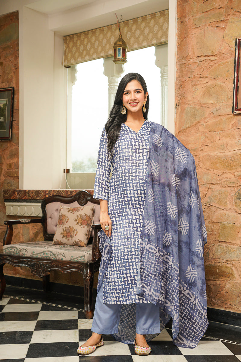 Blue Cotton Blend Batik Printed Straight Kurta Trousers With Dupatta | SHOBITAM