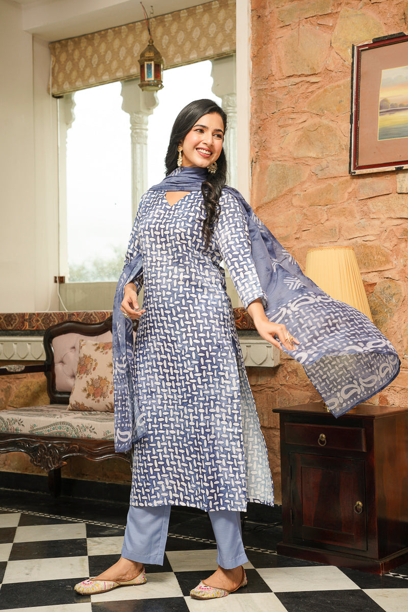 Blue Cotton Blend Batik Printed Straight Kurta Trousers With Dupatta | SHOBITAM