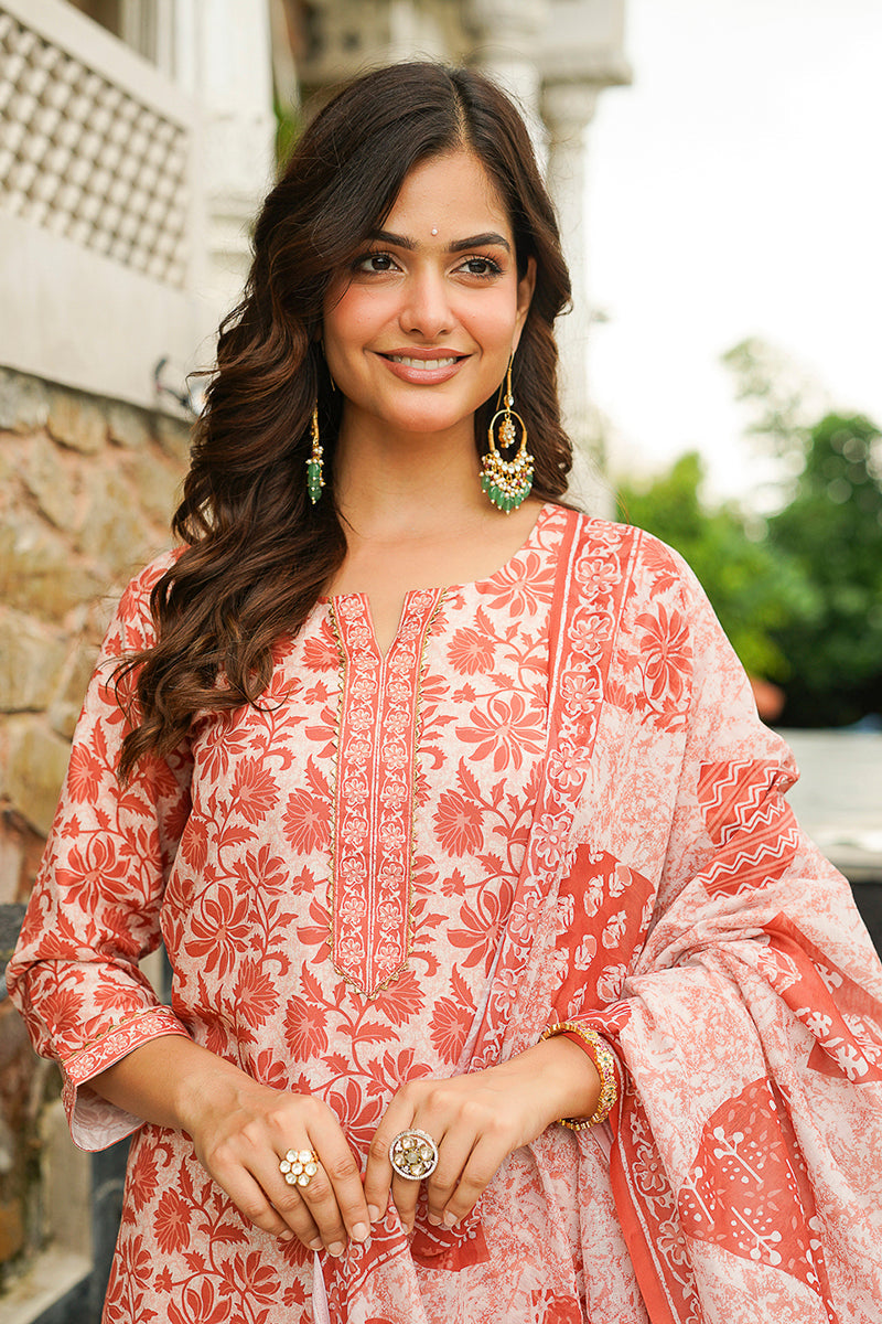 Orange Cotton Blend Floral Printed Straight Kurta Trousers With Dupatta | SHOBITAM