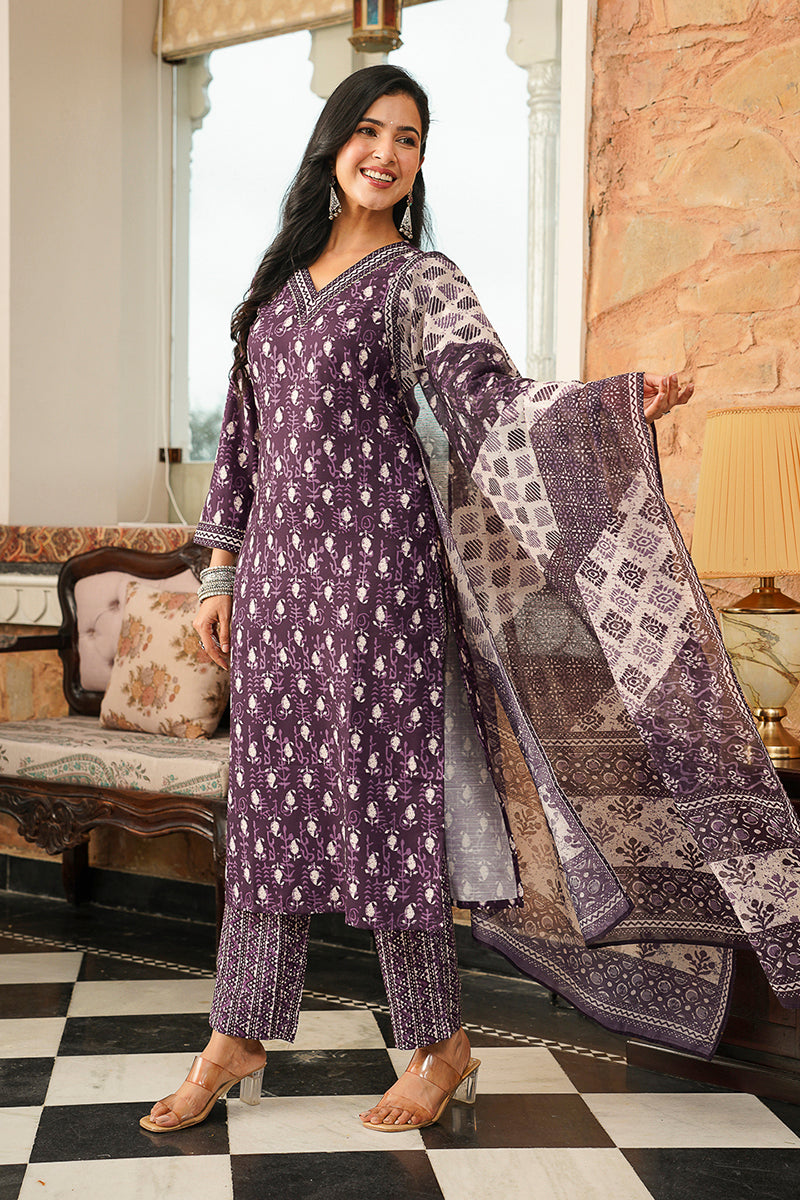Purple Cotton Blend Ethnic Motifs Printed Straight Kurta Trousers With Dupatta | SHOBITAM