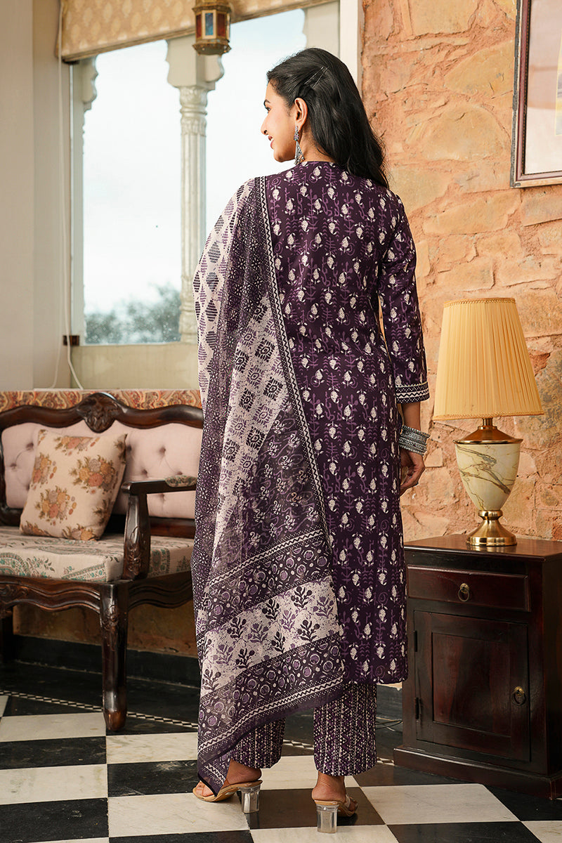 Purple Cotton Blend Ethnic Motifs Printed Straight Kurta Trousers With Dupatta | SHOBITAM