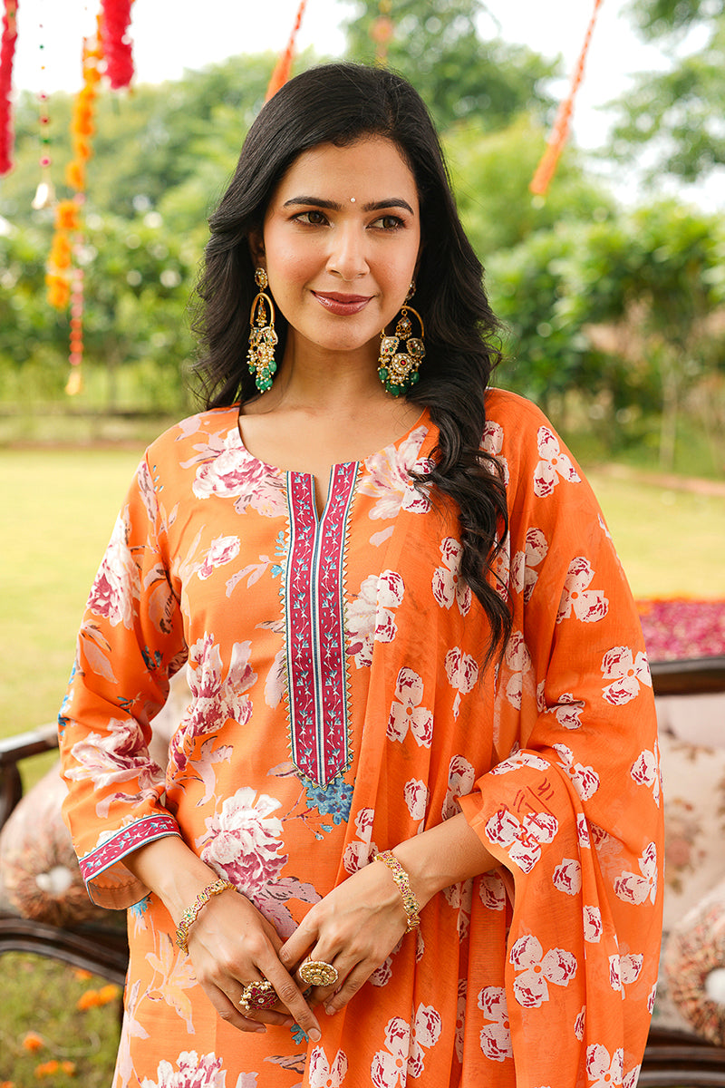 Orange Cotton Blend Floral Printed Straight Kurta Trousers With Dupatta | SHOBITAM