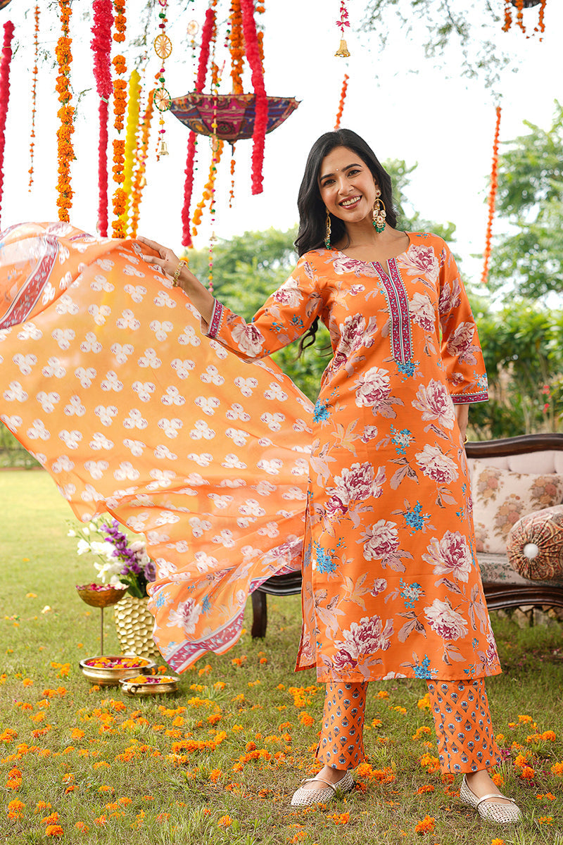 Orange Cotton Blend Floral Printed Straight Kurta Trousers With Dupatta | SHOBITAM