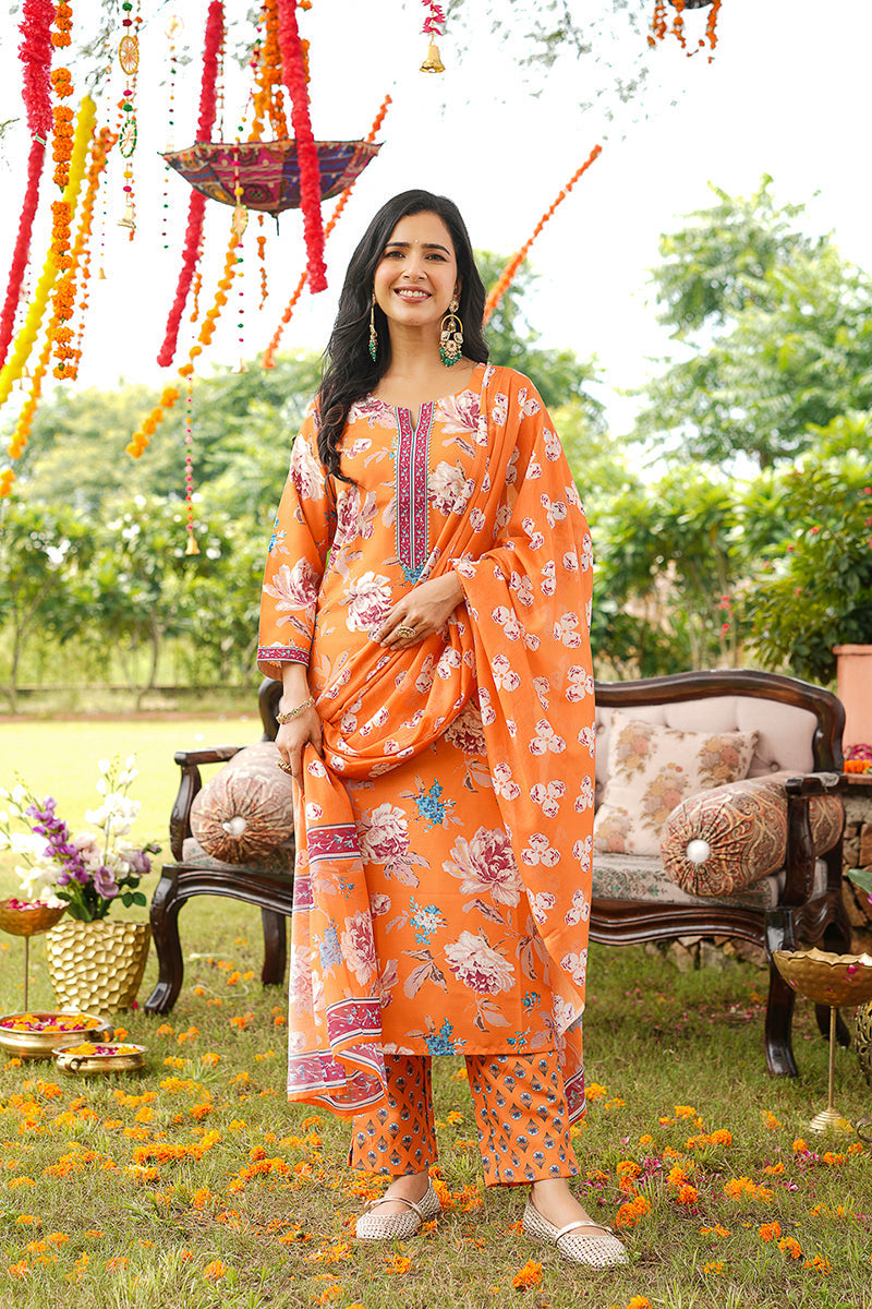 Orange Cotton Blend Floral Printed Straight Kurta Trousers With Dupatta | SHOBITAM
