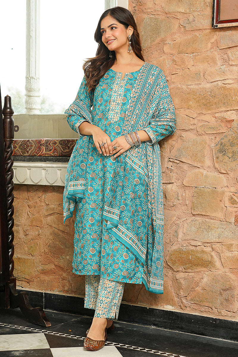 Turquoise Blue Coton Blend Printed Straight Kurta Trousers with Dupatta | SHOBITAM