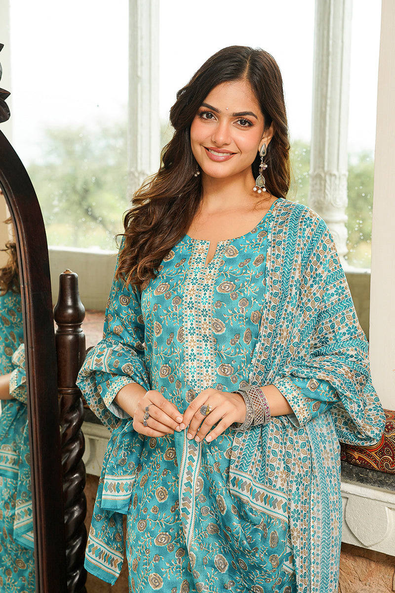Turquoise Blue Coton Blend Printed Straight Kurta Trousers with Dupatta | SHOBITAM