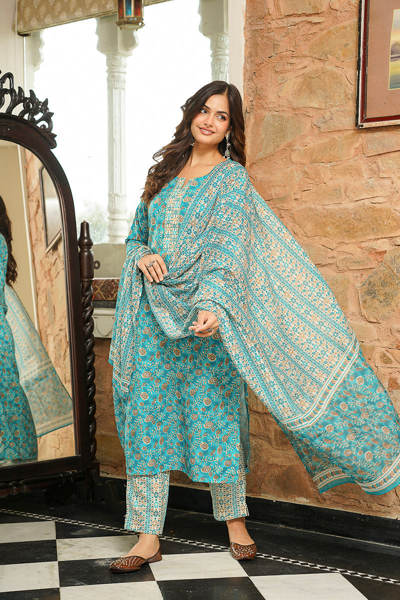 Turquoise Blue Coton Blend Printed Straight Kurta Trousers with Dupatta | SHOBITAM