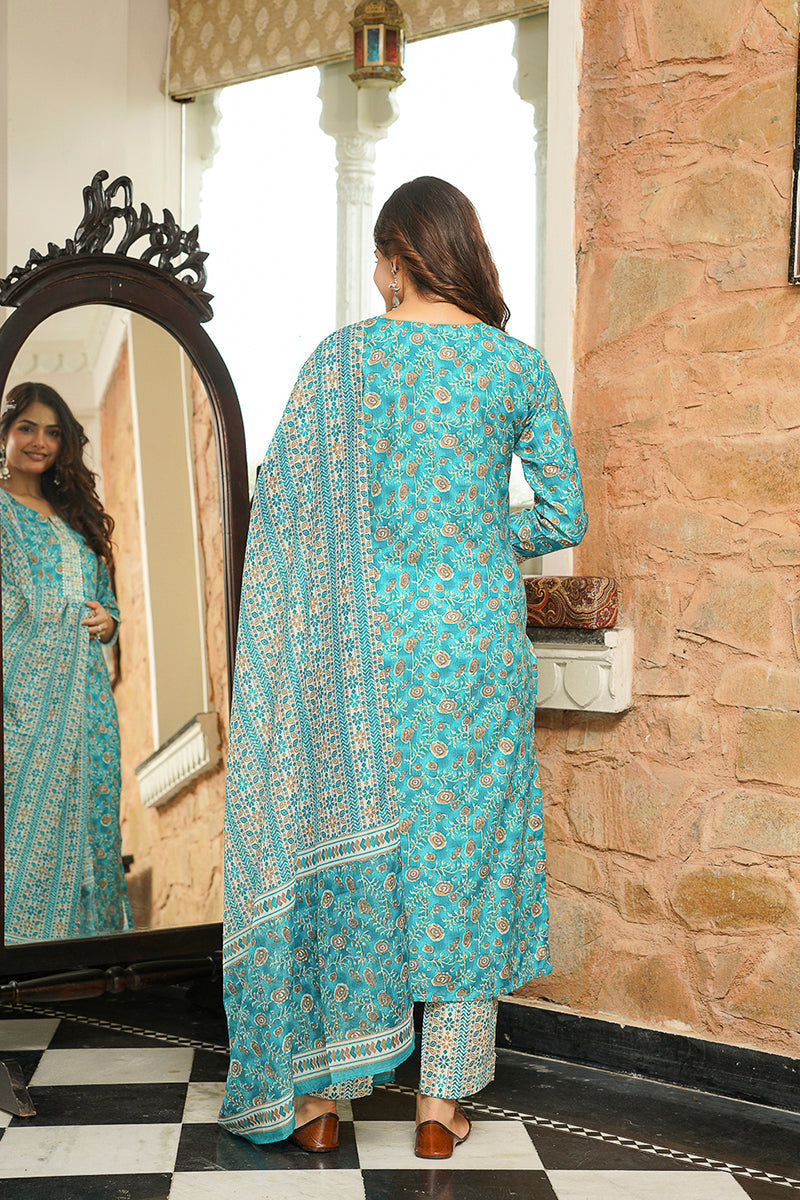 Turquoise Blue Coton Blend Printed Straight Kurta Trousers with Dupatta | SHOBITAM