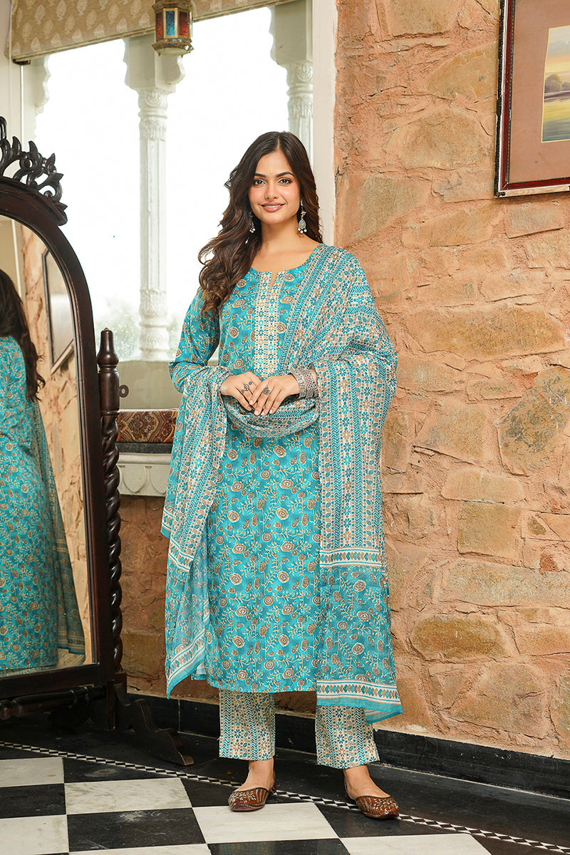 Turquoise Blue Coton Blend Printed Straight Kurta Trousers with Dupatta | SHOBITAM