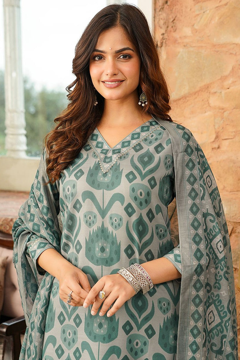 Grey Cotton Blend Ethnic Motifs Printed Straight Kurta Trousers With Dupatta | SHOBITAM