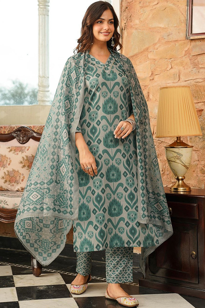 Grey Cotton Blend Ethnic Motifs Printed Straight Kurta Trousers With Dupatta | SHOBITAM