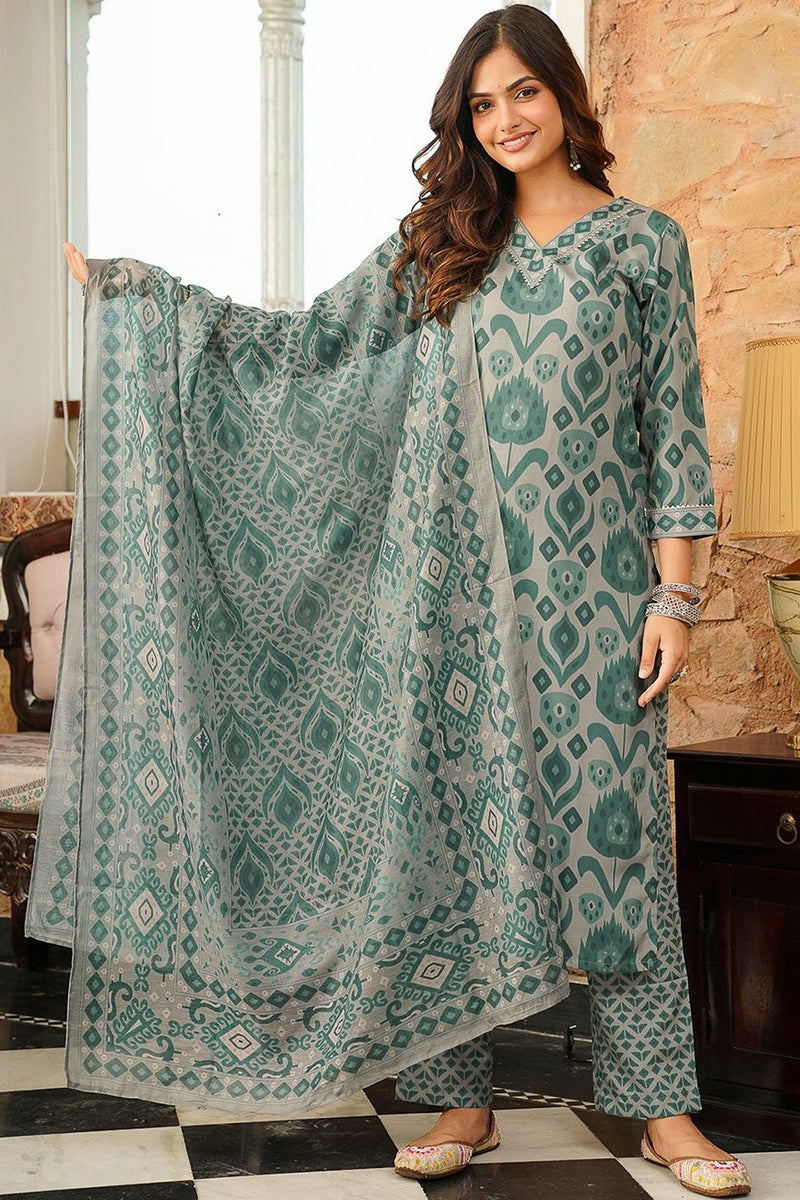 Grey Cotton Blend Ethnic Motifs Printed Straight Kurta Trousers With Dupatta | SHOBITAM
