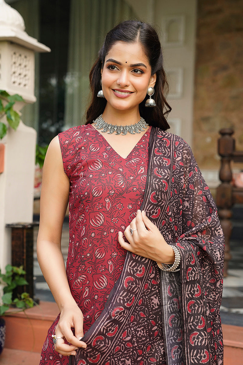 Maroon Cotton Blend Printed Straight Kurta Trousers With Dupatta | SHOBITAM