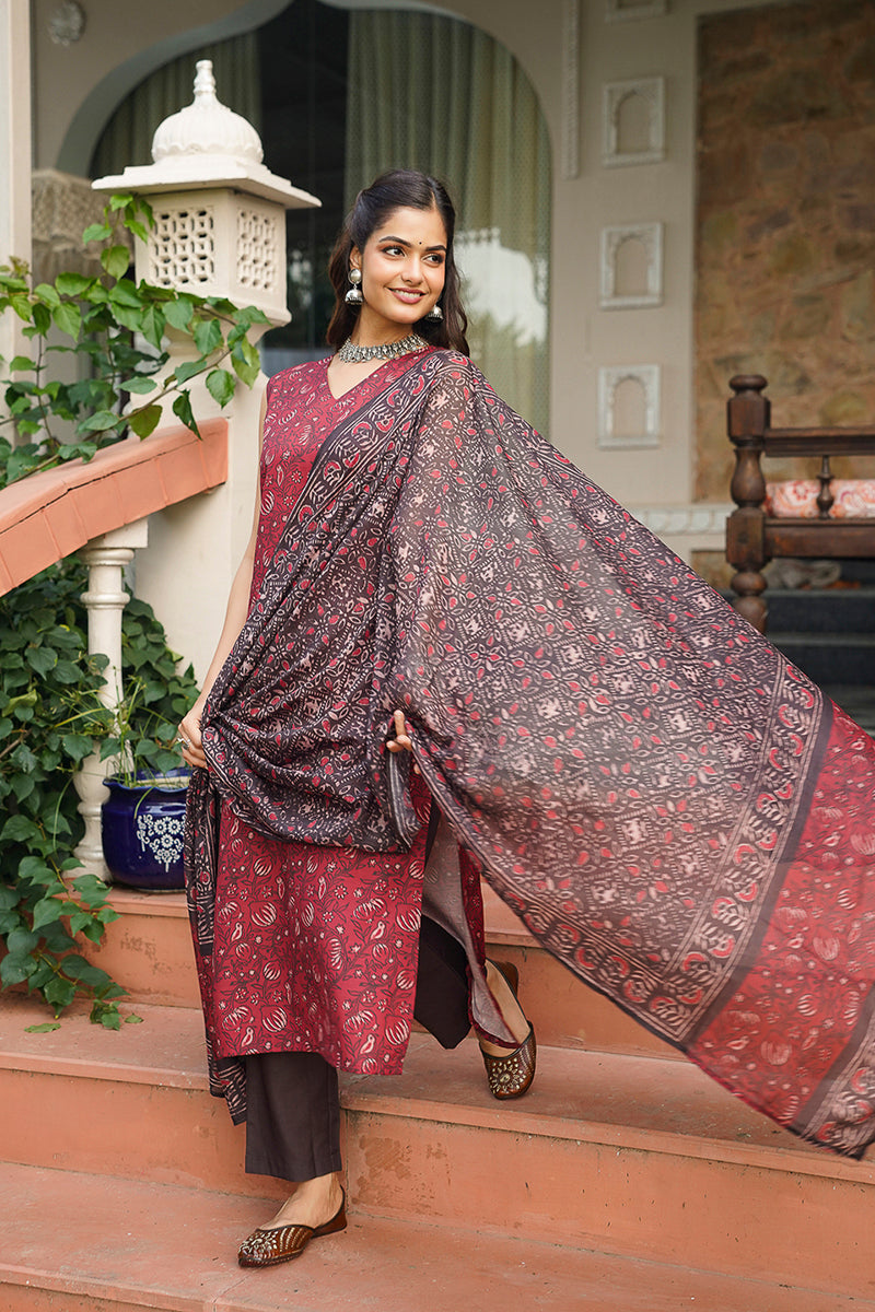 Maroon Cotton Blend Printed Straight Kurta Trousers With Dupatta | SHOBITAM