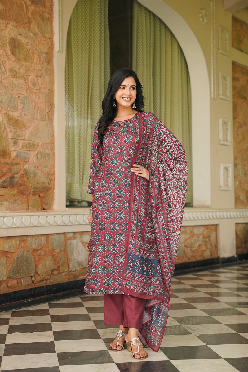 Maroon Cotton Blend Ajrakh Printed Straight Kurta Trousers With Dupatta | SHOBITAM
