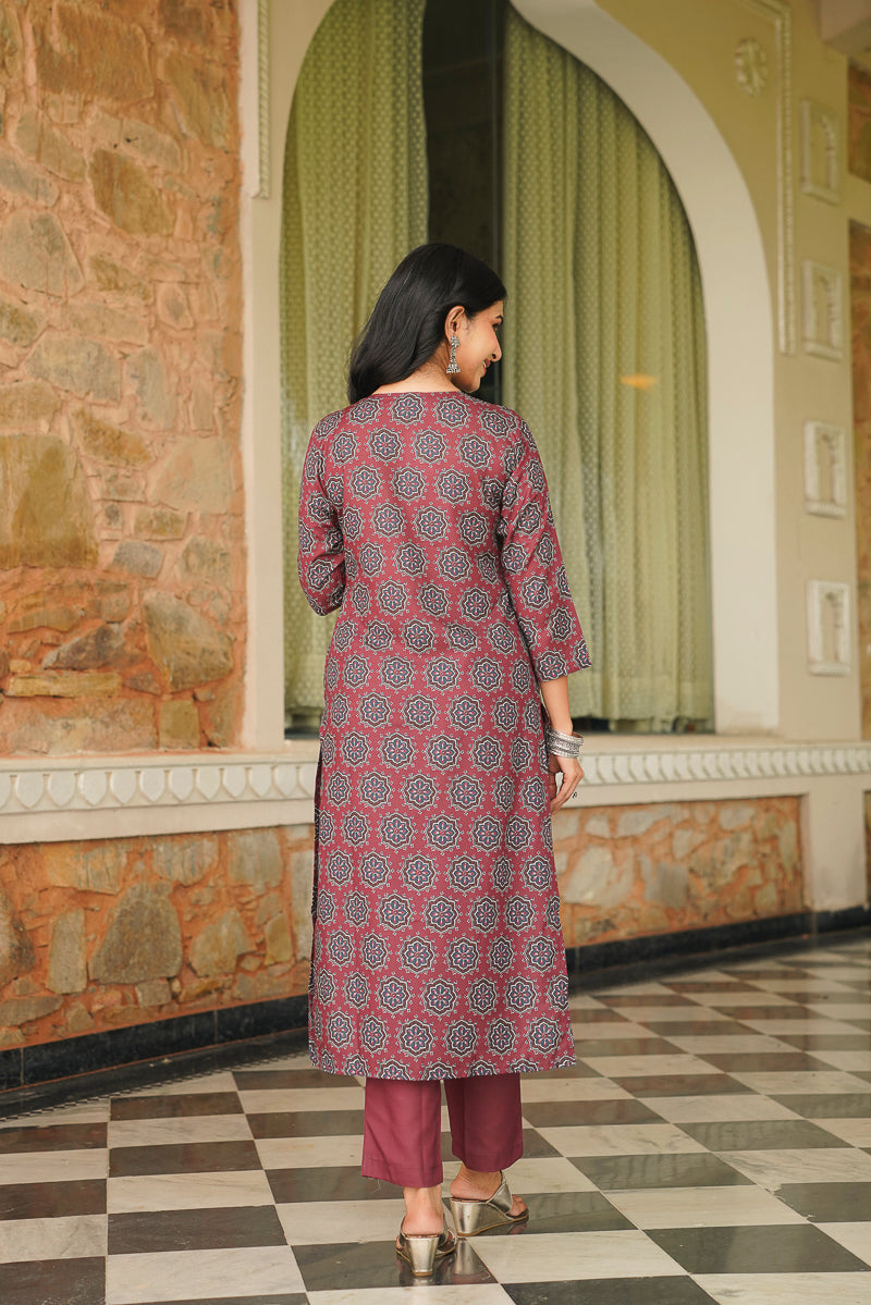 Maroon Cotton Blend Ajrakh Printed Straight Kurta Trousers With Dupatta | SHOBITAM