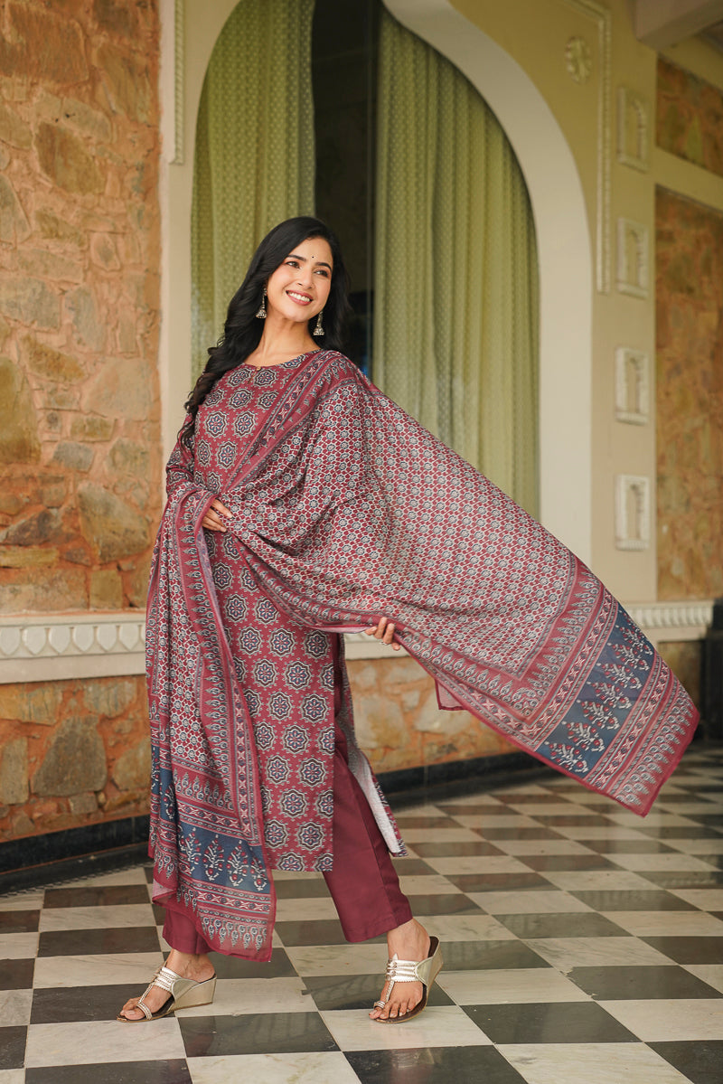 Maroon Cotton Blend Ajrakh Printed Straight Kurta Trousers With Dupatta | SHOBITAM