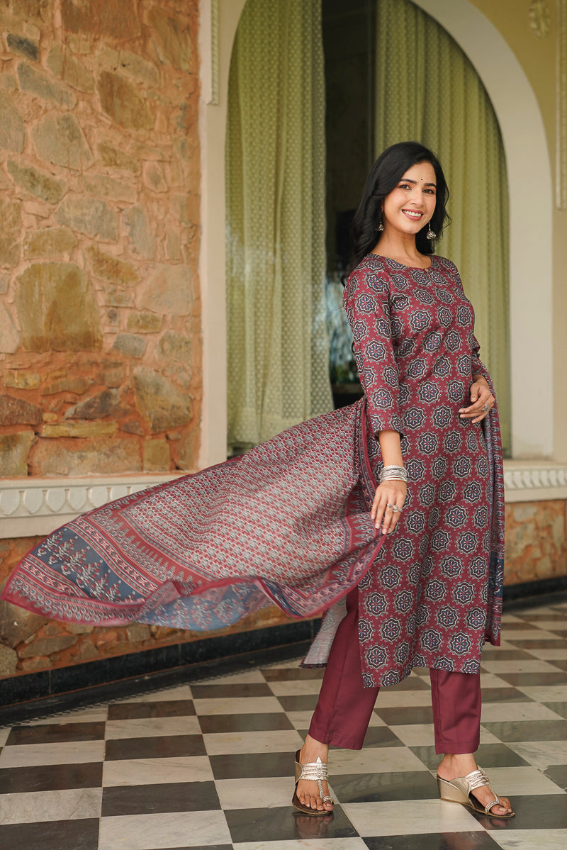 Maroon Cotton Blend Ajrakh Printed Straight Kurta Trousers With Dupatta | SHOBITAM