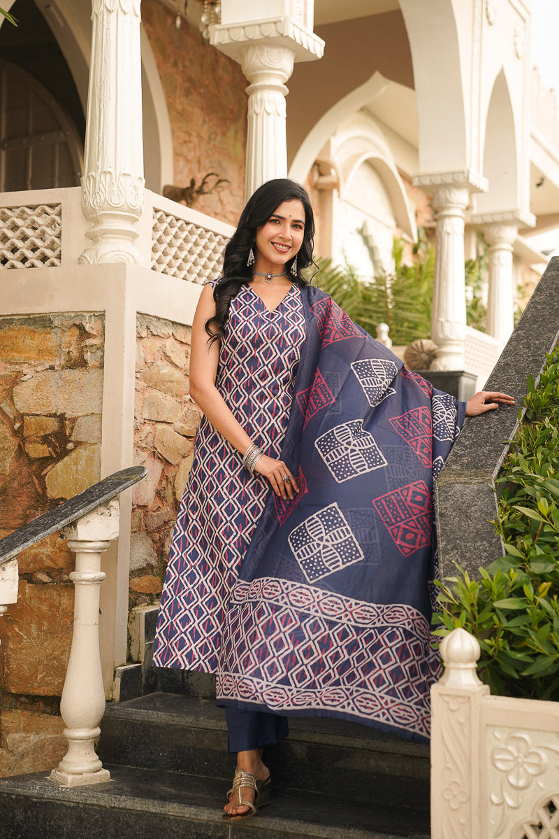 Blue Rayon Geometric Printed Straight Kurta Trousers With Dupatta | SHOBITAM