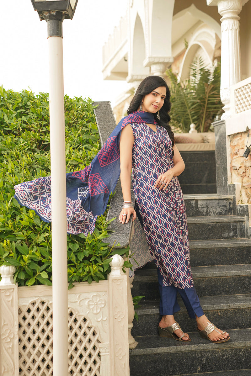 Blue Rayon Geometric Printed Straight Kurta Trousers With Dupatta | SHOBITAM