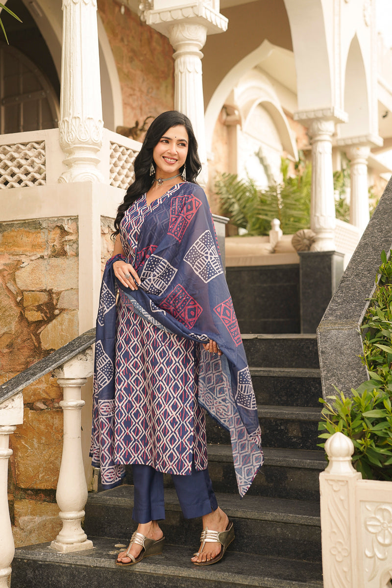 Blue Rayon Geometric Printed Straight Kurta Trousers With Dupatta | SHOBITAM