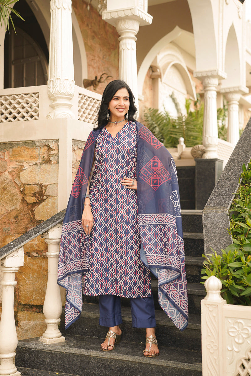 Blue Rayon Geometric Printed Straight Kurta Trousers With Dupatta | SHOBITAM