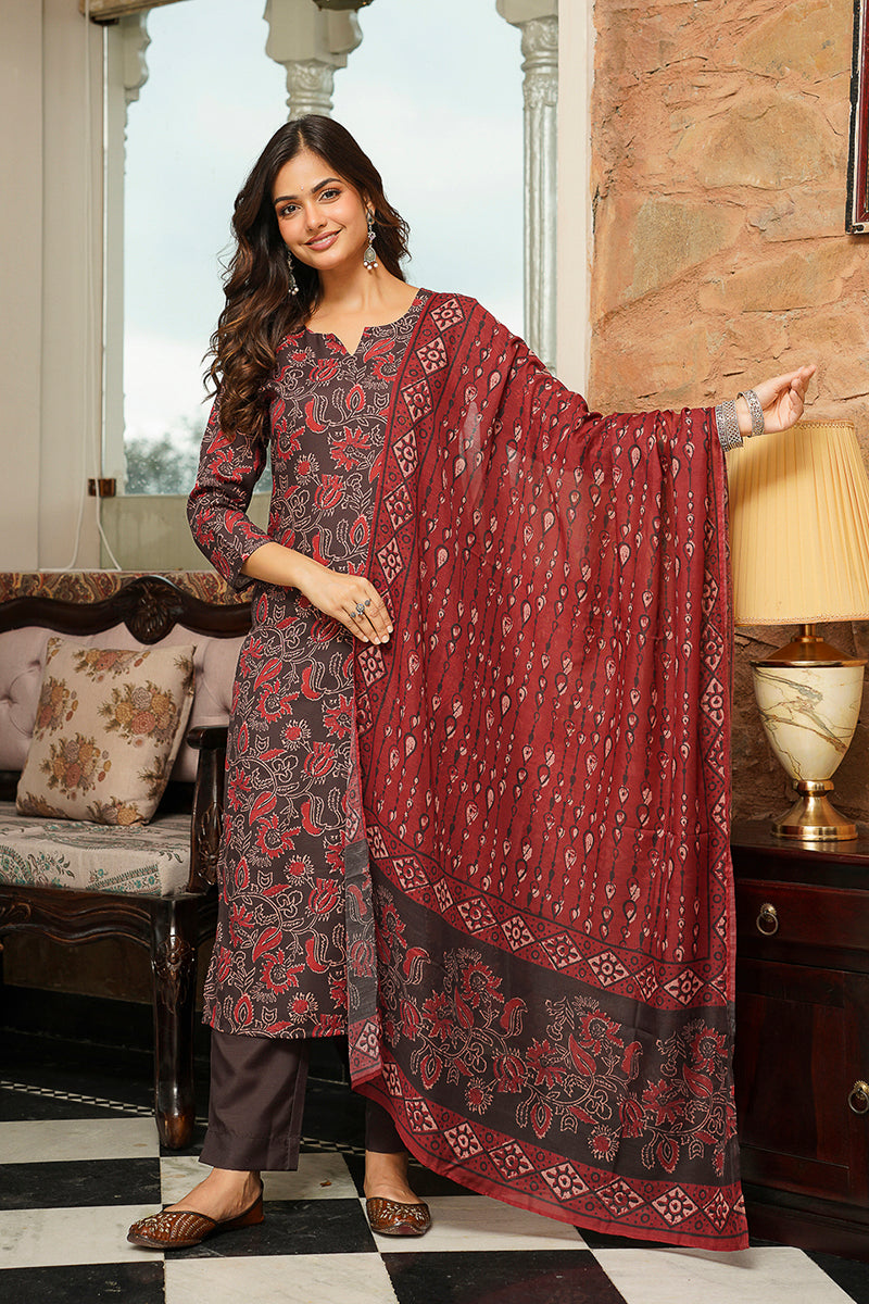 Brown Cotton Blend Floral Printed Straight Kurta Trousers With Dupatta | SHOBITAM
