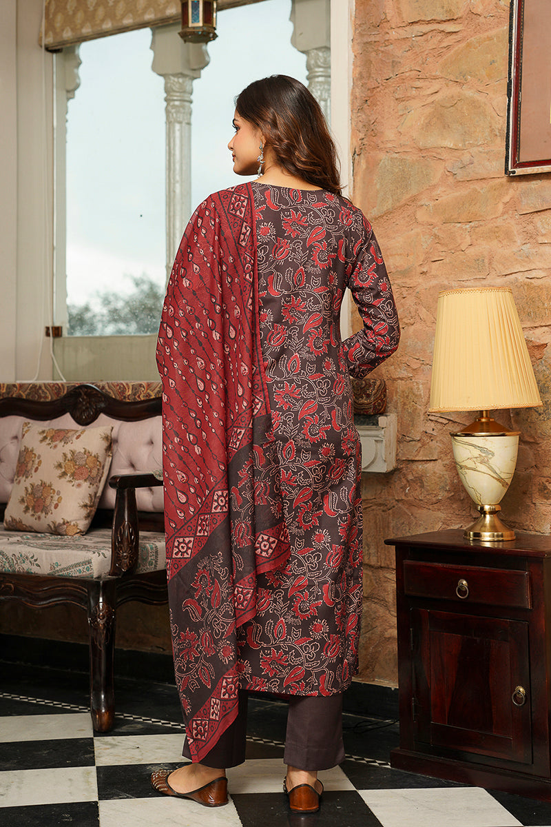Brown Cotton Blend Floral Printed Straight Kurta Trousers With Dupatta | SHOBITAM