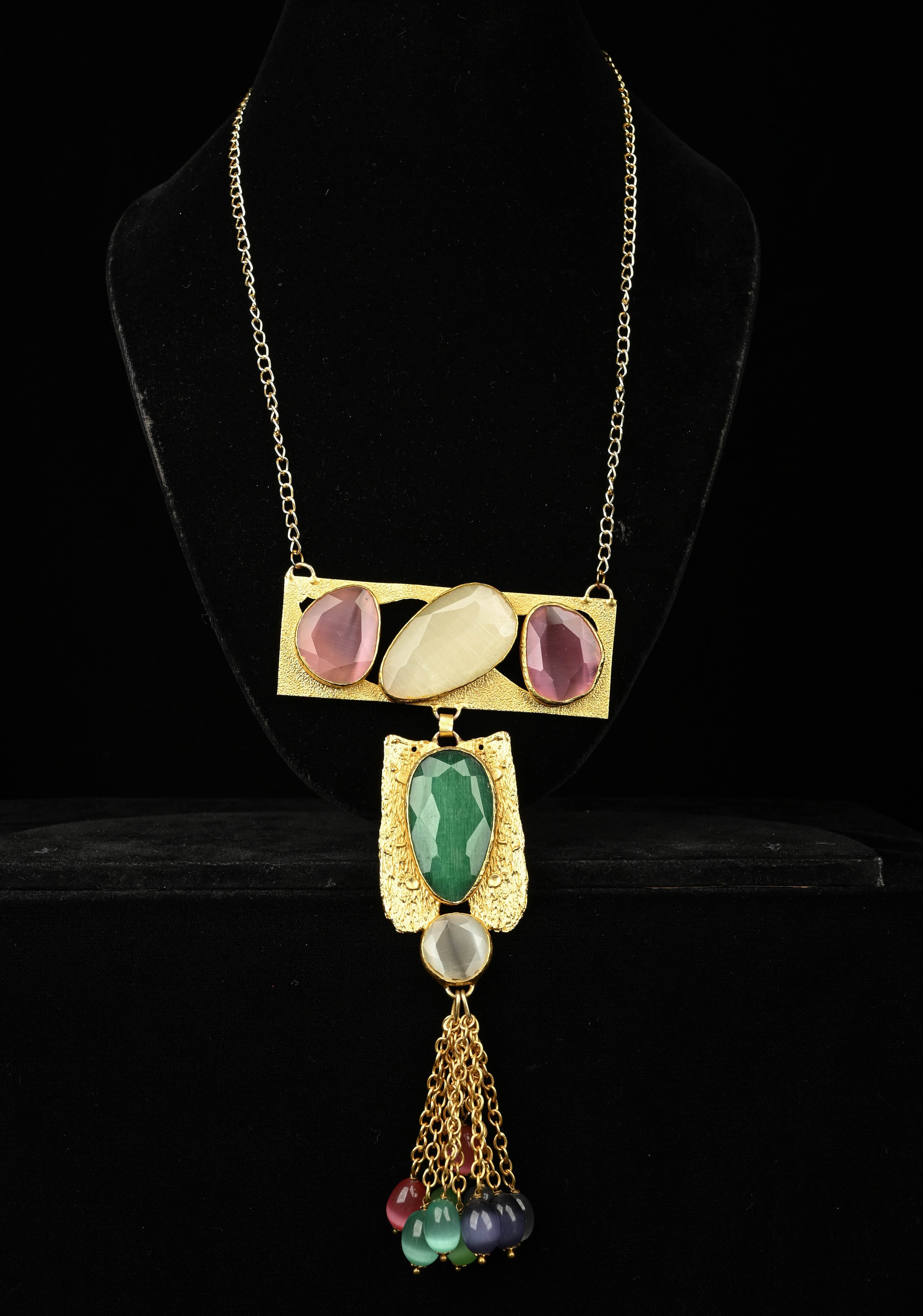 Fringe Chain Necklace with Deco Pendant and Watermelon Tourmaline Tassels | Shobitam